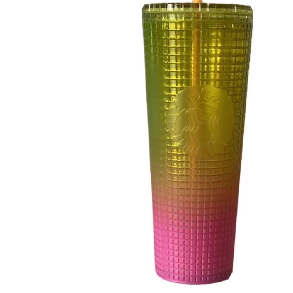 NWT STARBUCKS 2022 Lemon Yellow Pink Gradient Ombré Grid 24 OZ Tumbler